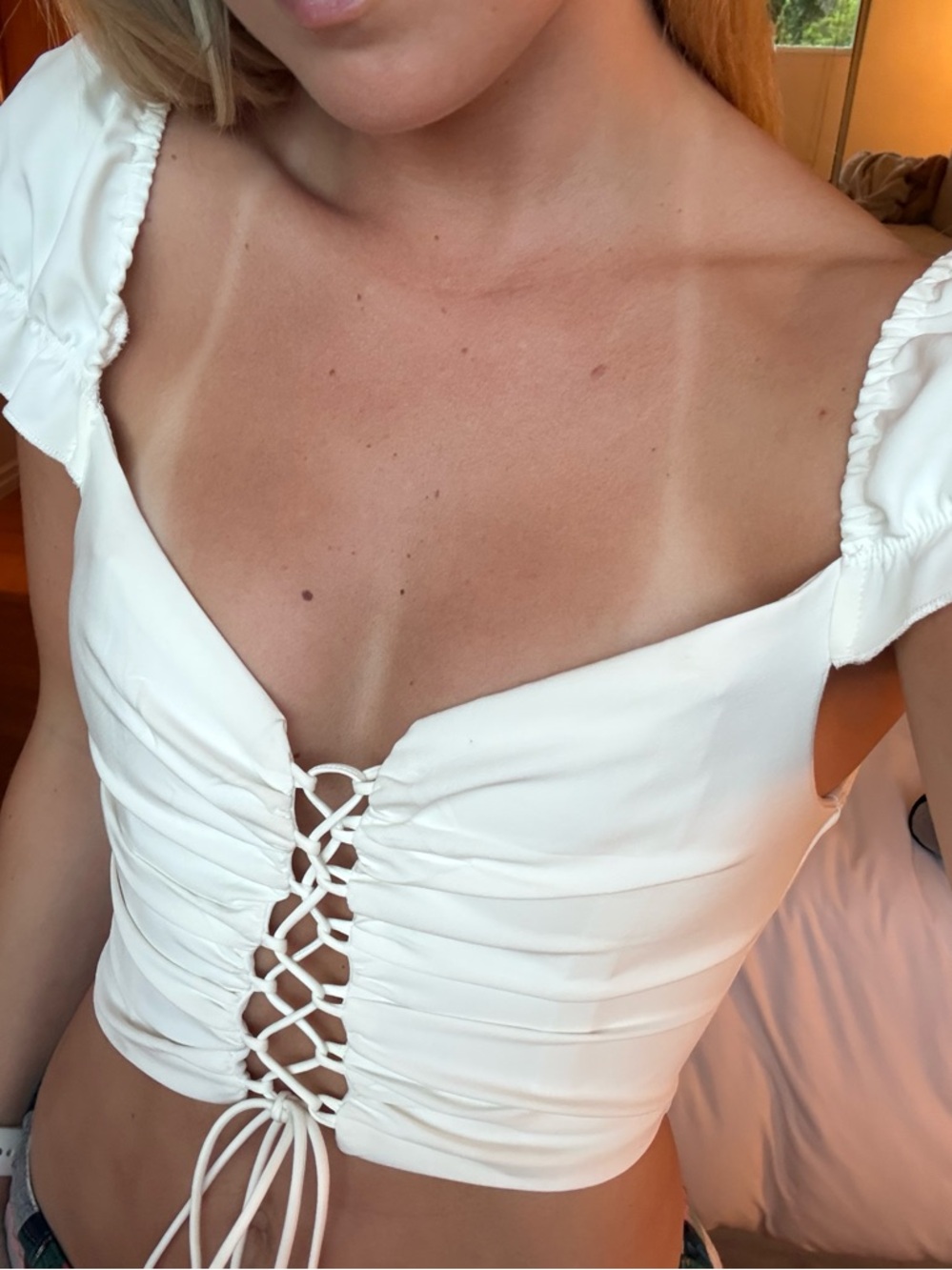 White Fox Boutique White Lace-Up Ruched Crop Top